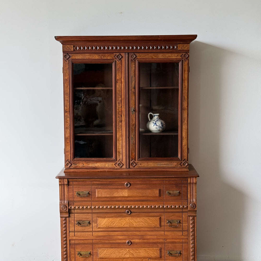 Antique Victorian Eastlake Flame Walnut Display Cabinet