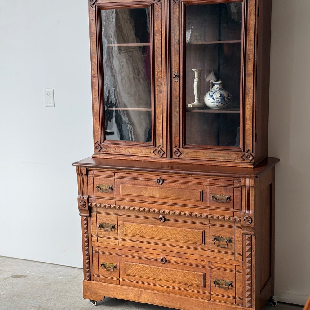 
                  
                    Antique Victorian Eastlake Flame Walnut Display Cabinet
                  
                