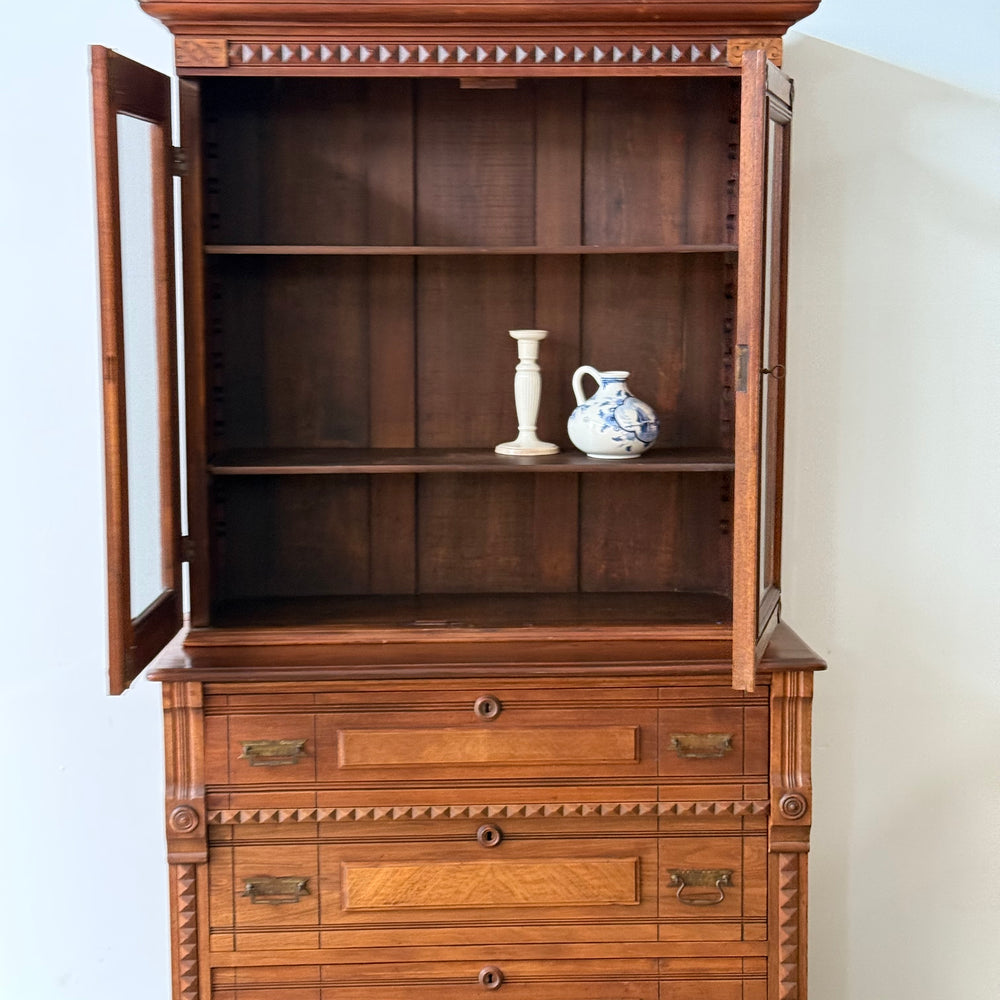 
                  
                    Antique Victorian Eastlake Flame Walnut Display Cabinet
                  
                