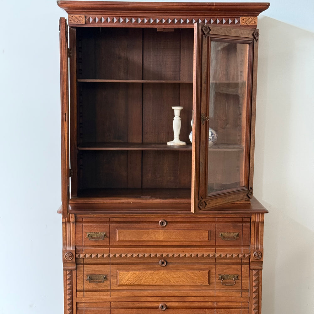 
                  
                    Antique Victorian Eastlake Flame Walnut Display Cabinet
                  
                