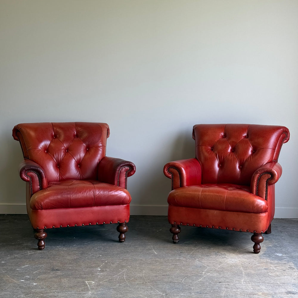 Pair of Vintage Cognac Leather Upholstered Club Chairs