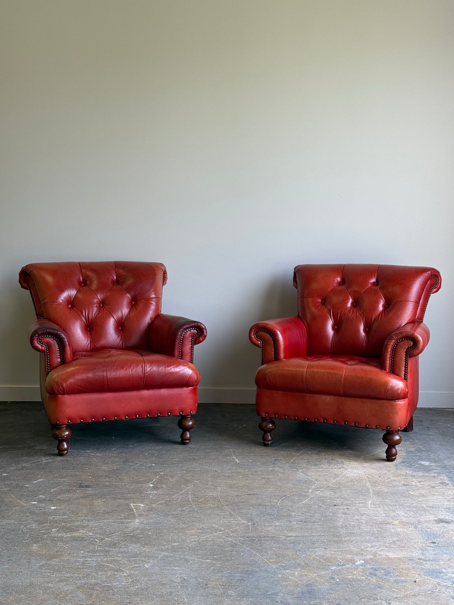 Pair of Vintage Cognac Leather Upholstered Club Chairs