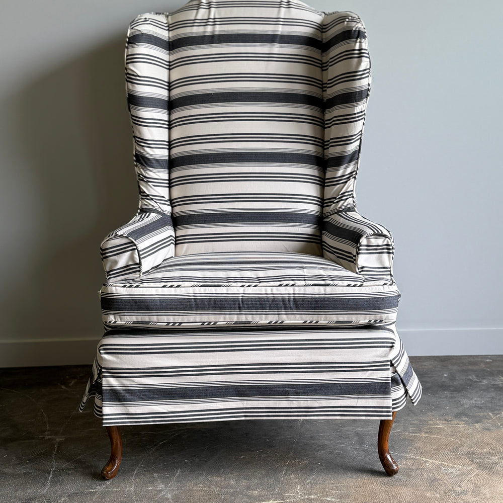 A Striped Queen Anne Style Wingback Chair