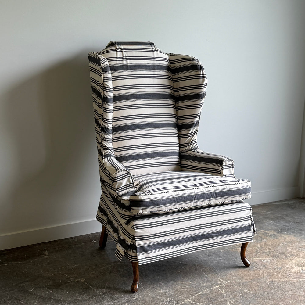 
                  
                    A Striped Queen Anne Style Wingback Chair
                  
                
