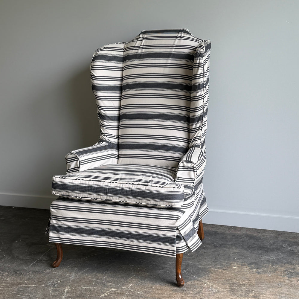 
                  
                    A Striped Queen Anne Style Wingback Chair
                  
                