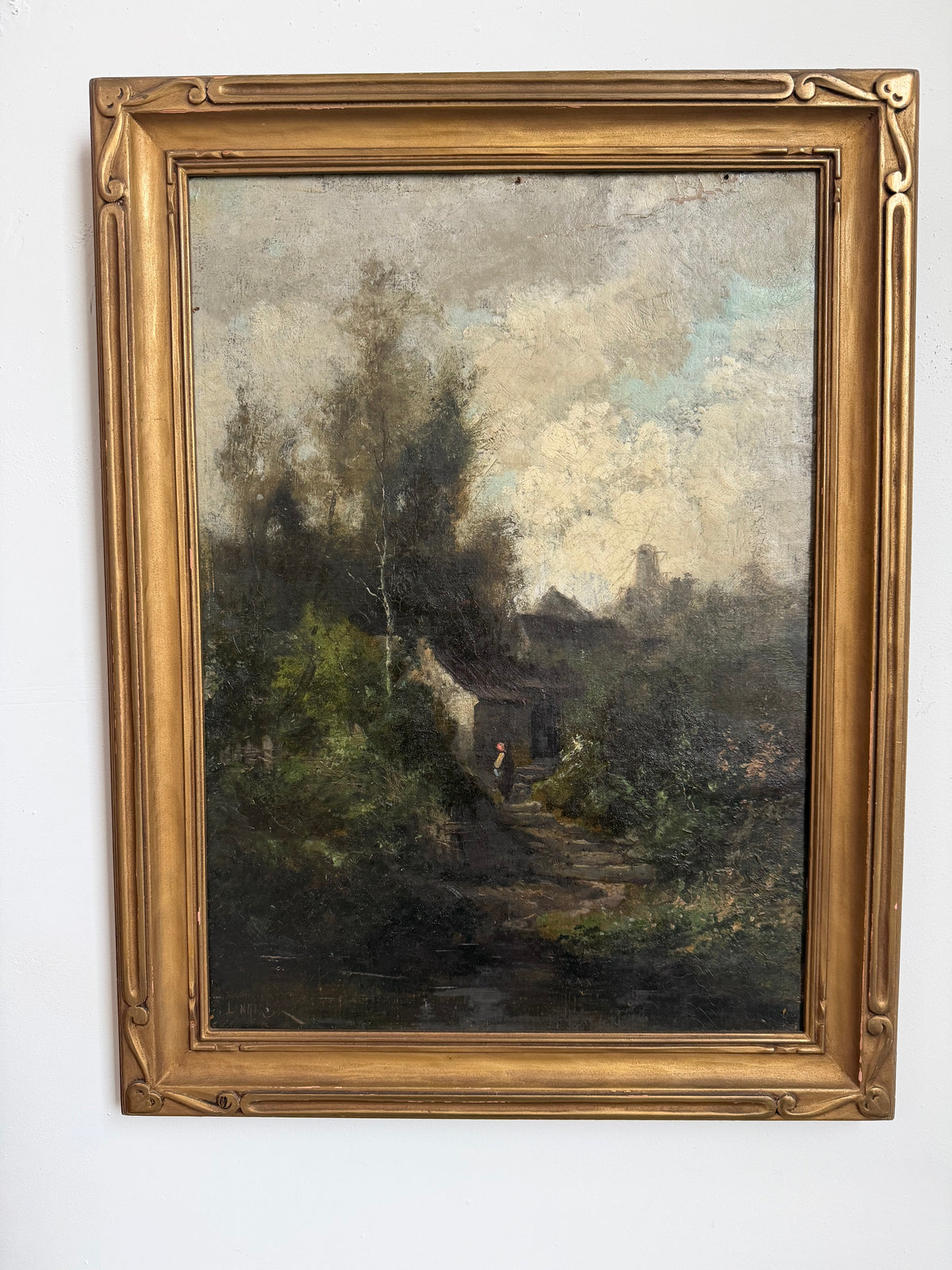 Antique Forest Scene Oil on Canvas