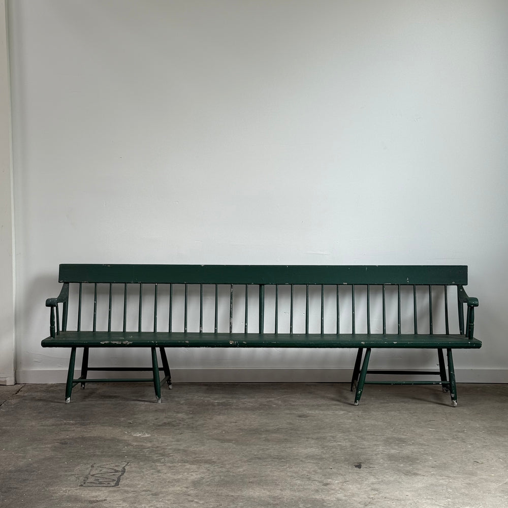 
                  
                    Long Antique Deacons Bench in Old Green Paint. 8'7"
                  
                