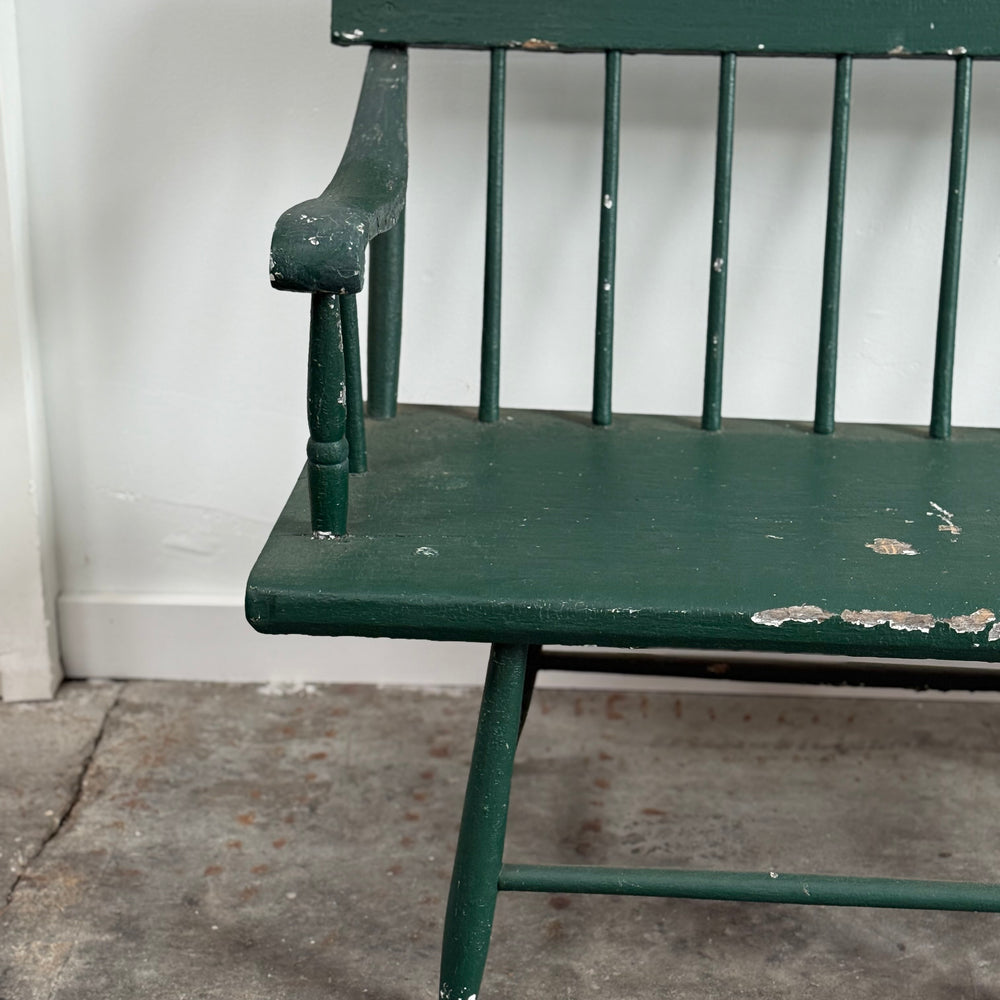 Long Antique Deacons Bench in Old Green Paint. 8'7"