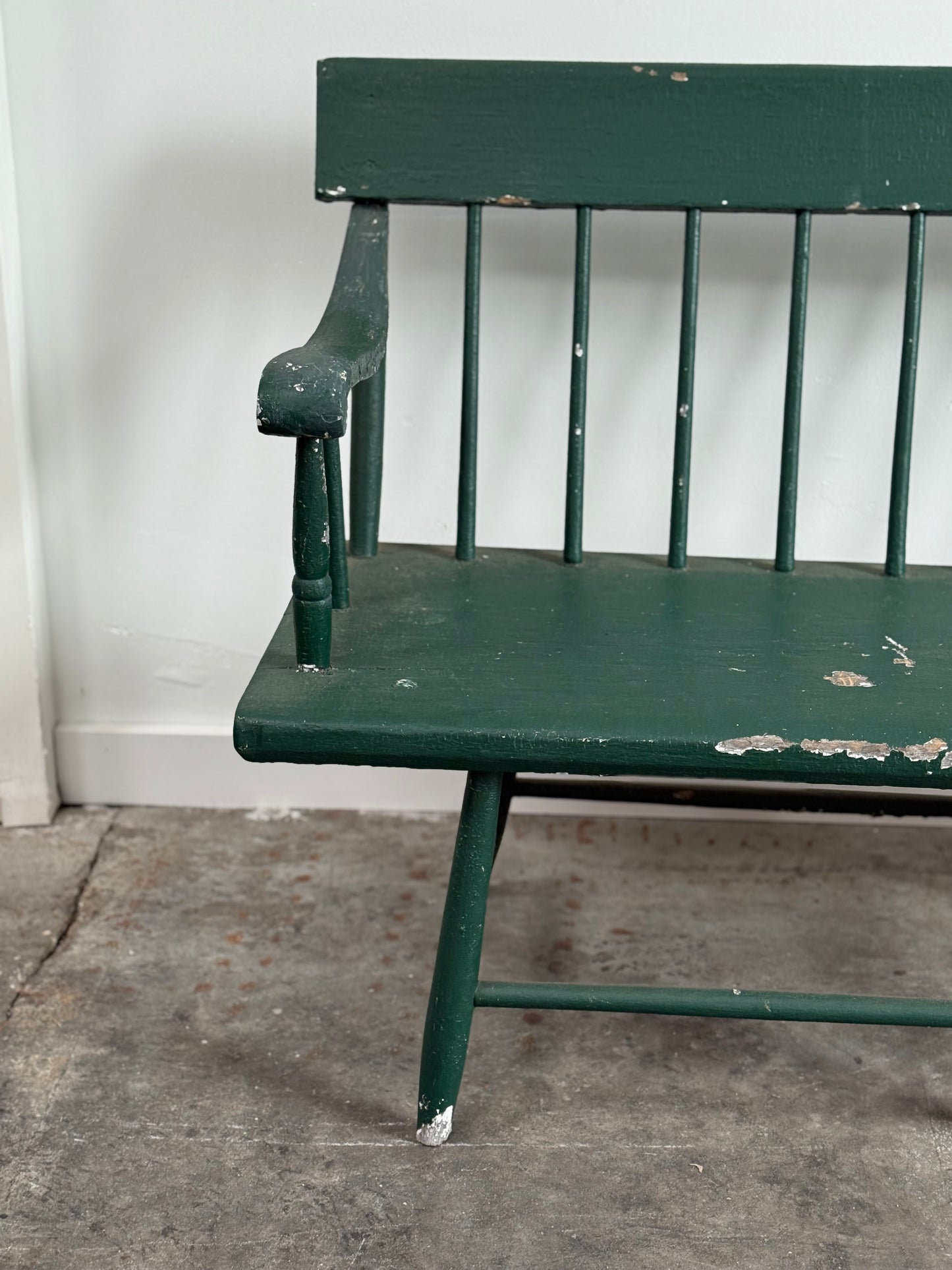 Long Antique Deacons Bench in Old Green Paint. 8'7"