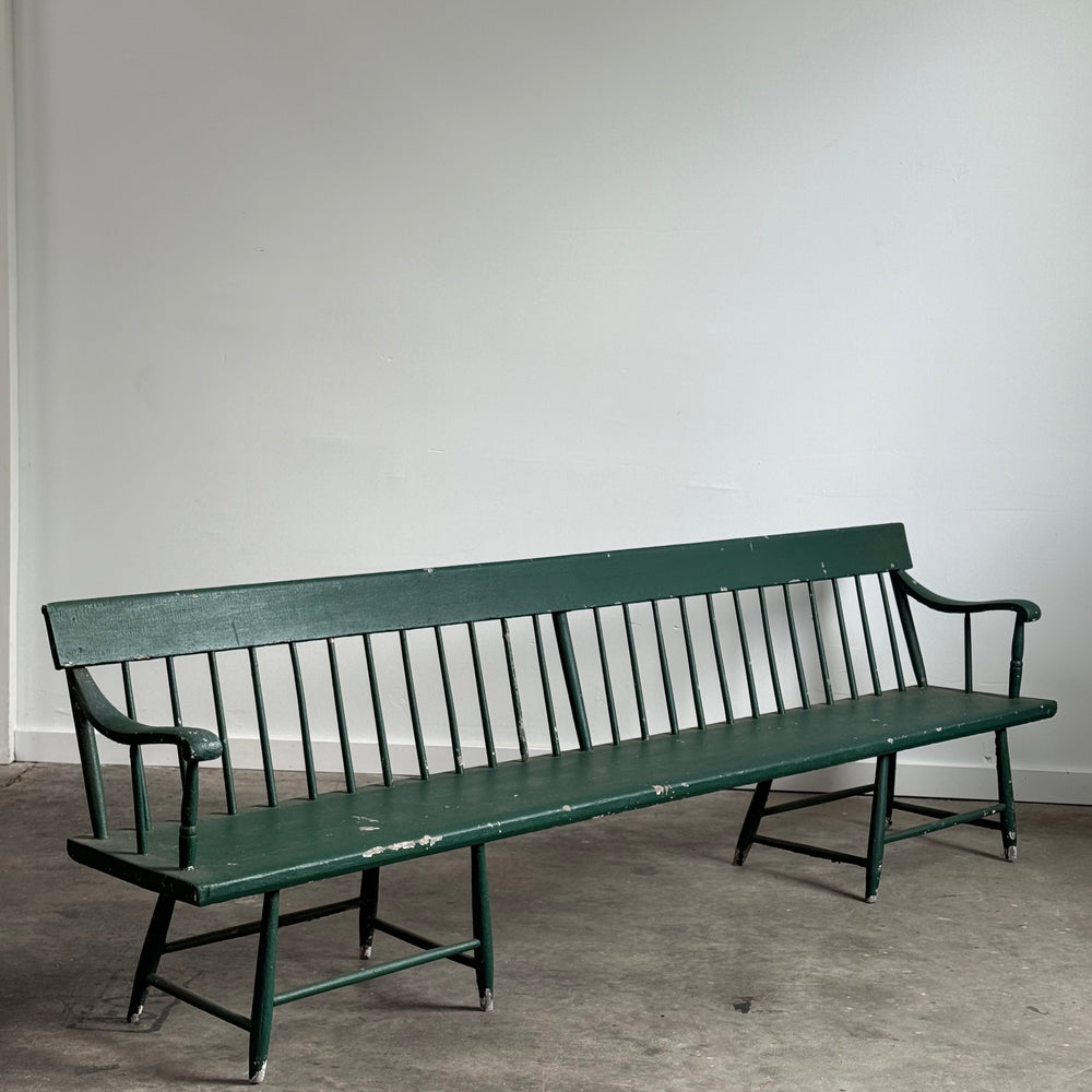 
                  
                    Long Antique Deacons Bench in Old Green Paint. 8'7"
                  
                