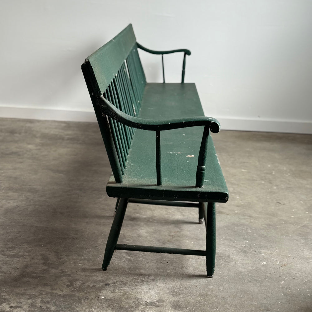 
                  
                    Long Antique Deacons Bench in Old Green Paint. 8'7"
                  
                