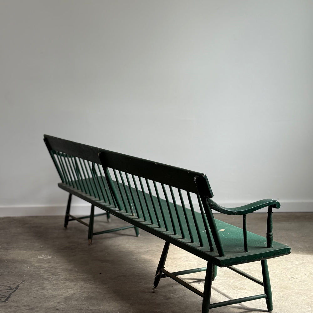 
                  
                    Long Antique Deacons Bench in Old Green Paint. 8'7"
                  
                