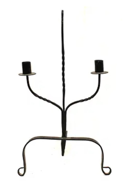 Antique style iron 2 arm candlestand on tri ftd base - 22 1/2" tall x 13" wide