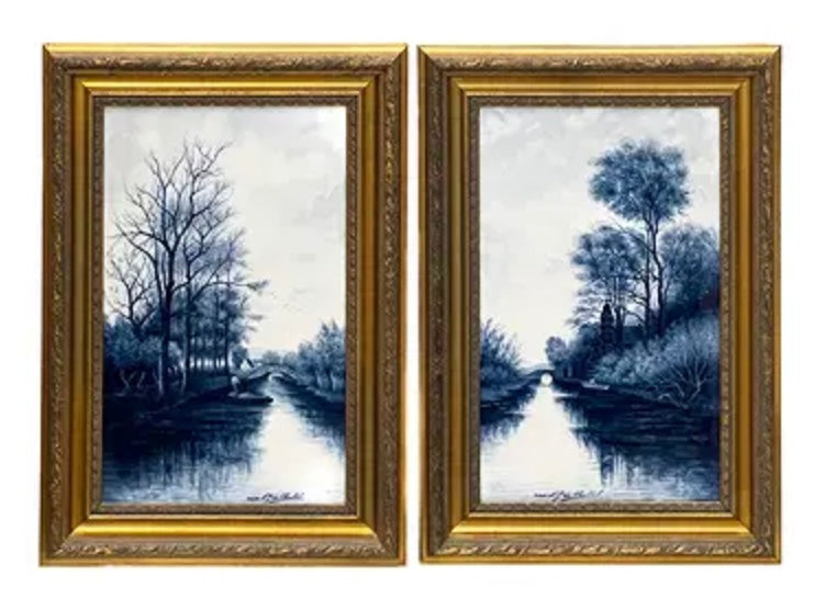 Fredericus van Rossum du Chattel - Blue and White River Scene Tiles pair