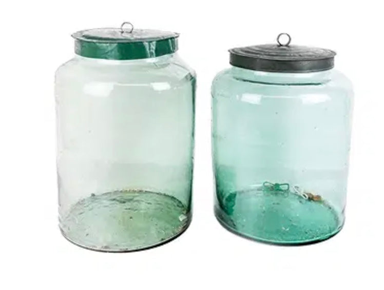Antique Green Glass and Tin Storage Jar