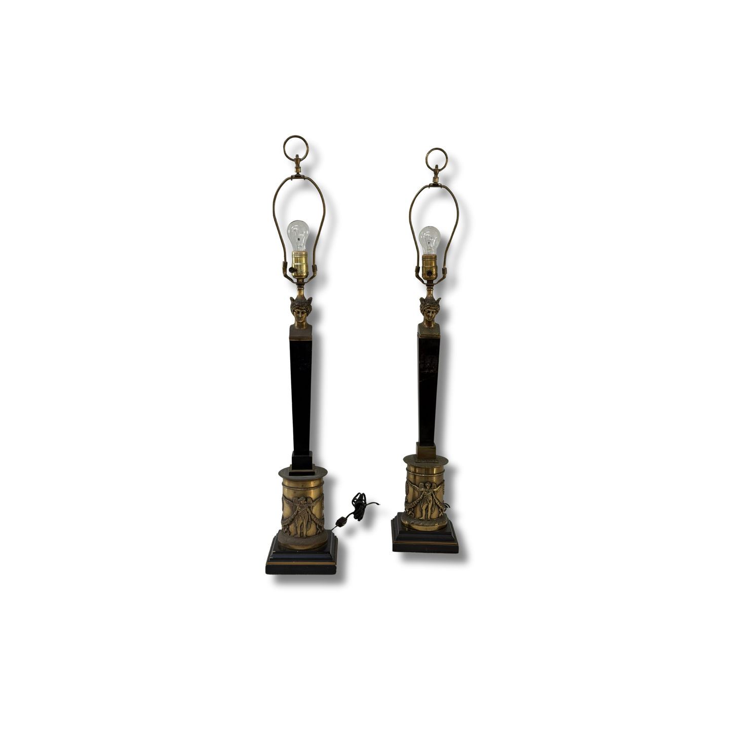 Pair of Neoclassical Brass and Black Table Lamps