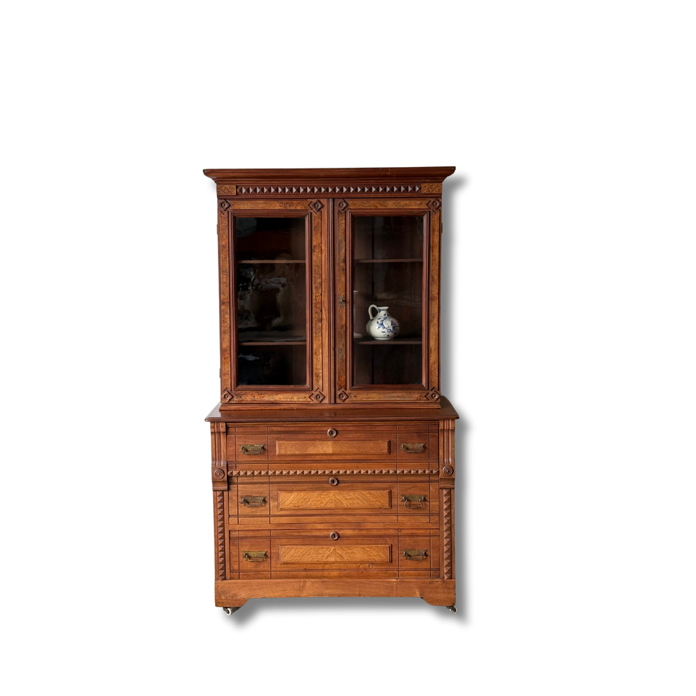 Antique Victorian Eastlake Flame Walnut Display Cabinet