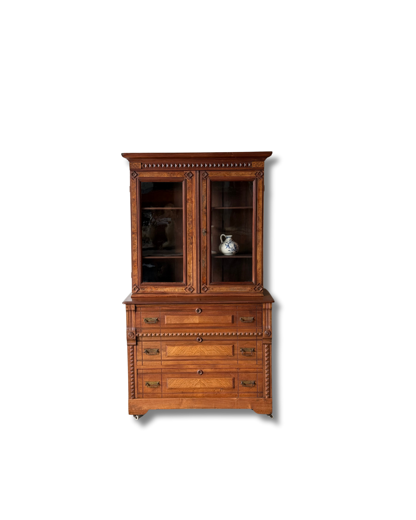 Antique Victorian Eastlake Flame Walnut Display Cabinet