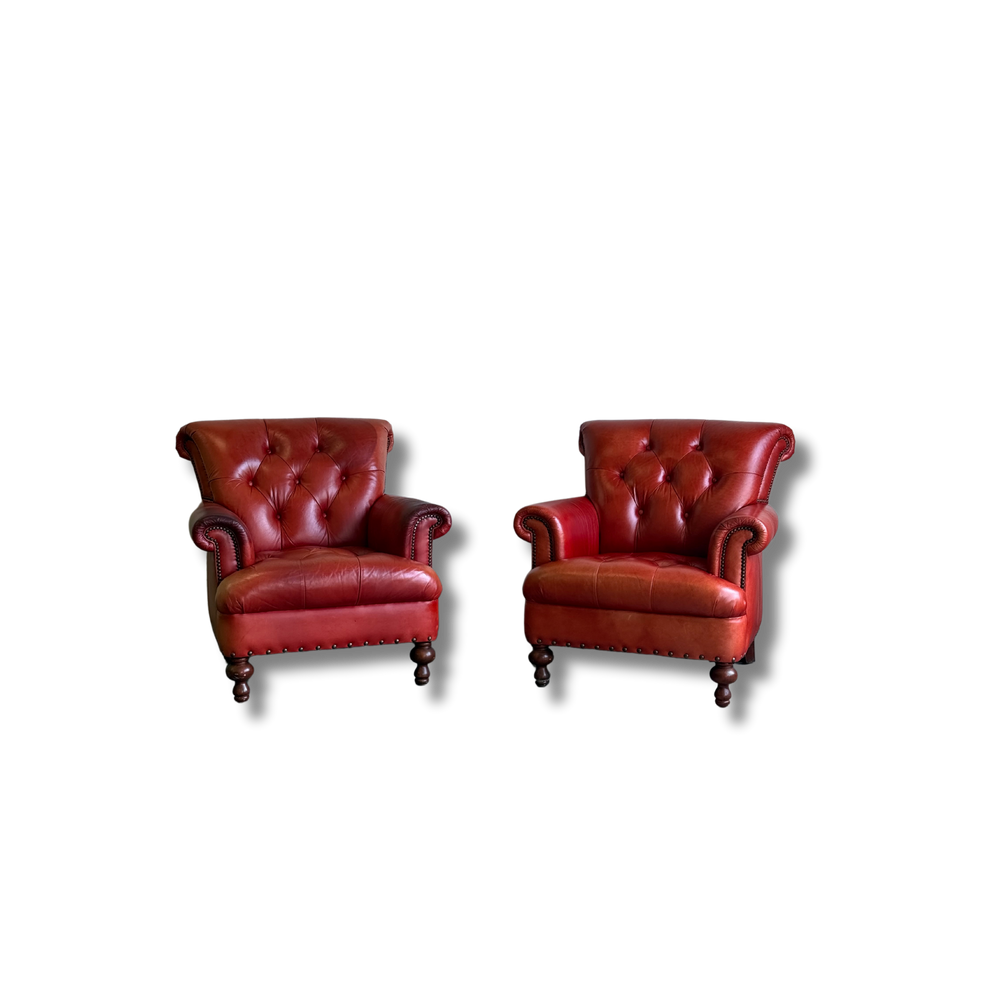 Pair of Vintage Cognac Leather Upholstered Club Chairs
