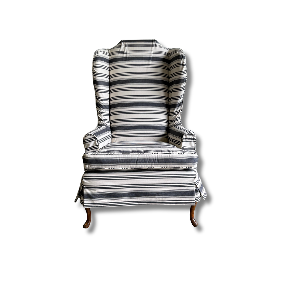 A Striped Queen Anne Style Wingback Chair