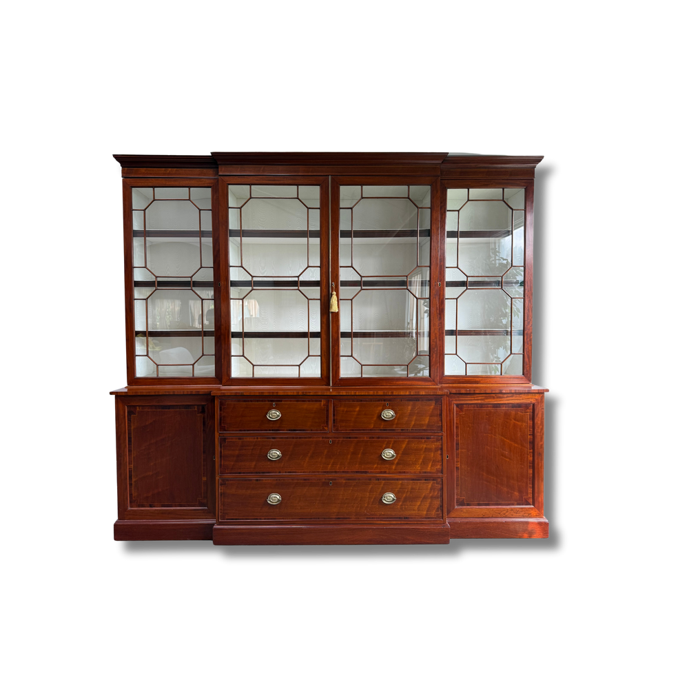 Antique English Mahogany Breakfront Bookcase. 19th C.