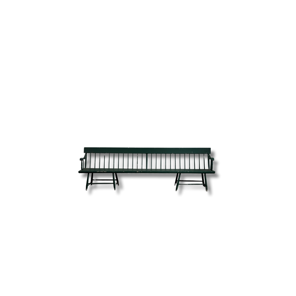 Long Antique Deacons Bench in Old Green Paint. 8'7"