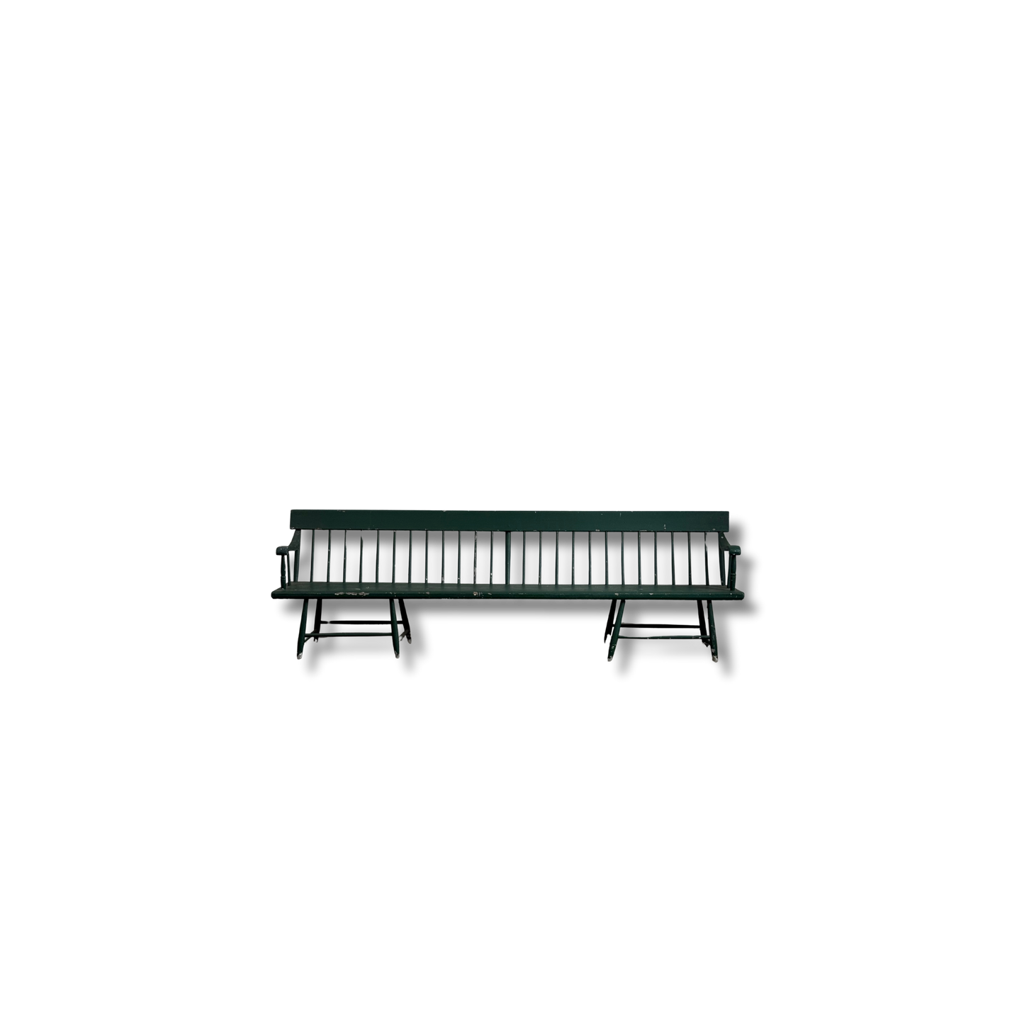 Long Antique Deacons Bench in Old Green Paint. 8'7"