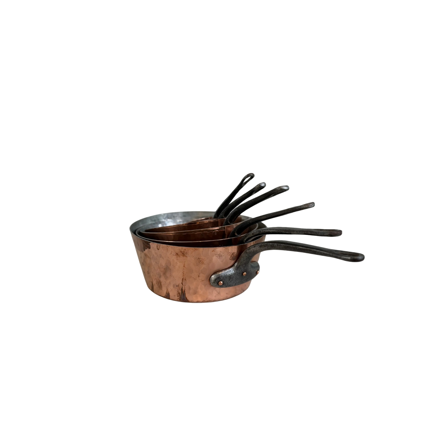 Set Of 6 French L. Lecellier Villedieu Hammered Copper Pots