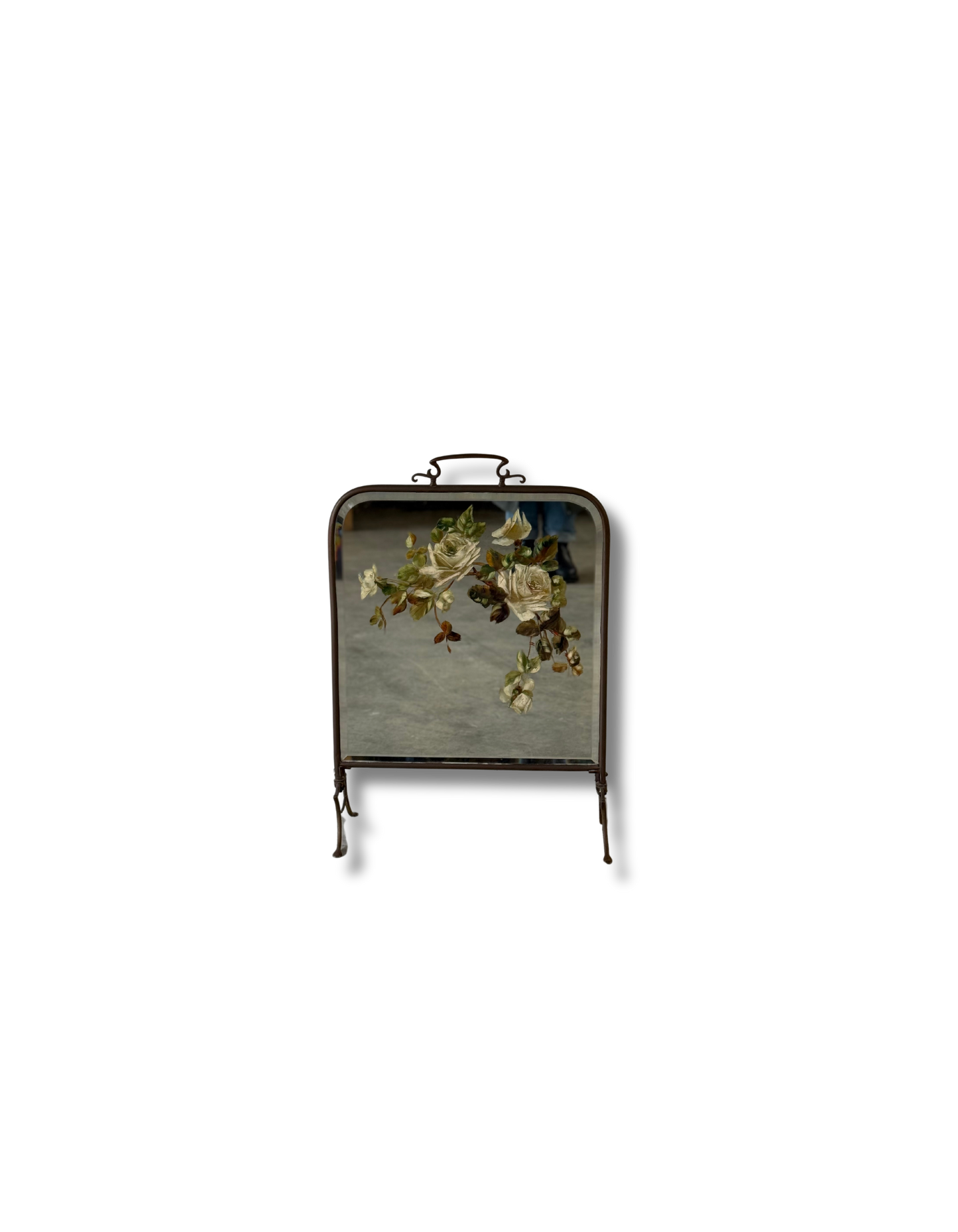 Late Victorian Painted Mirror As Brass Fire Screen