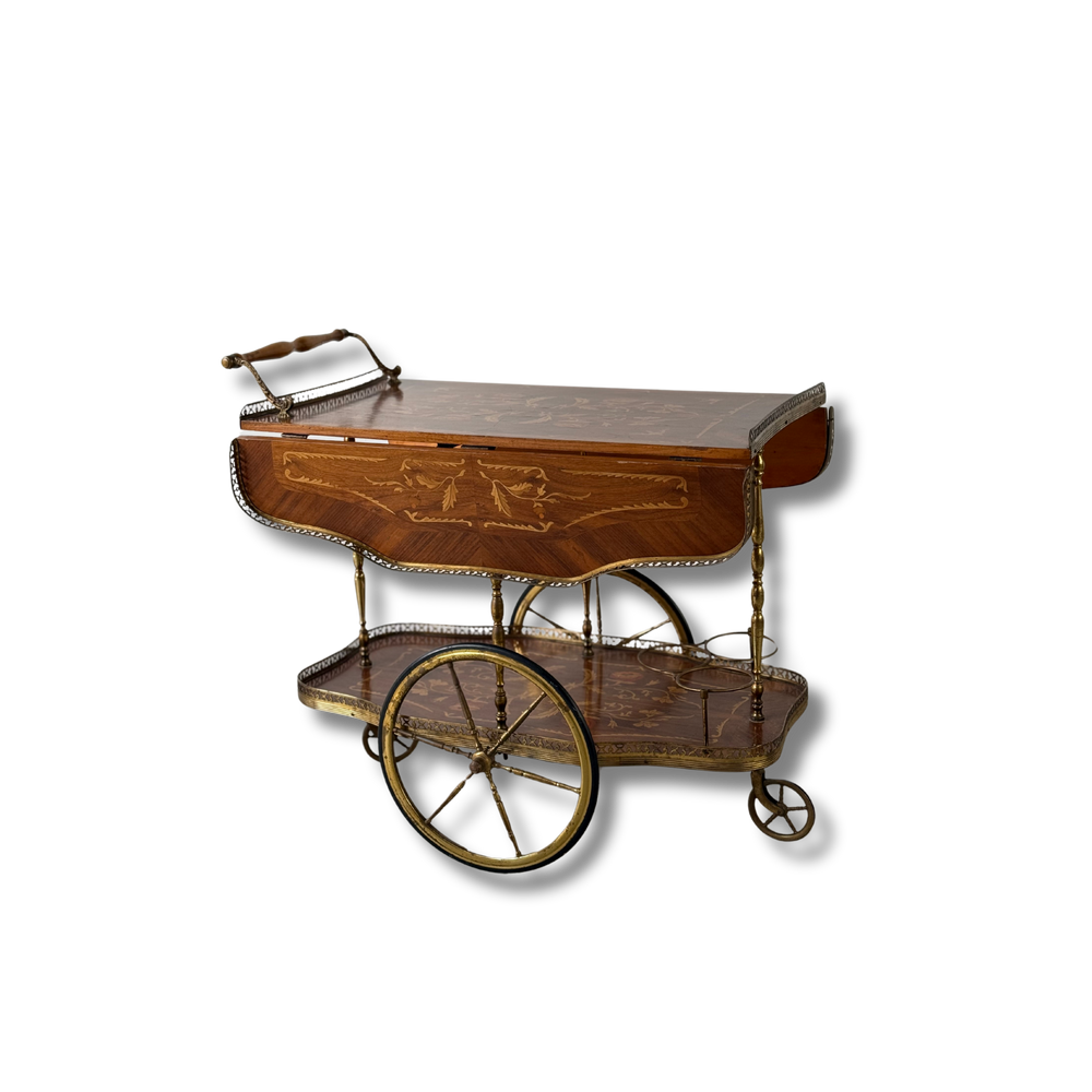 Italian Marquetry Mahogany & Brass Bar Cart